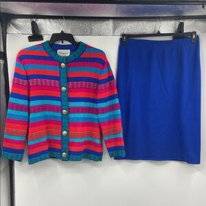 Vintage 70s 80s Castlebrook Colorblock Knit Cardigan 2pc Skirt Suit USA Size 14